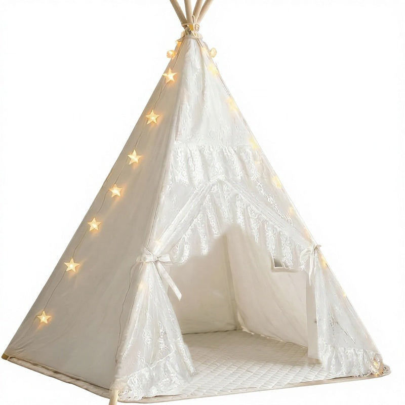 Cotton Kids Teepee Tent Starry Lights Ground Mat Pockets-Foldable Indoor/Outdoor Washable Play Tent for Toddlers Birthdays