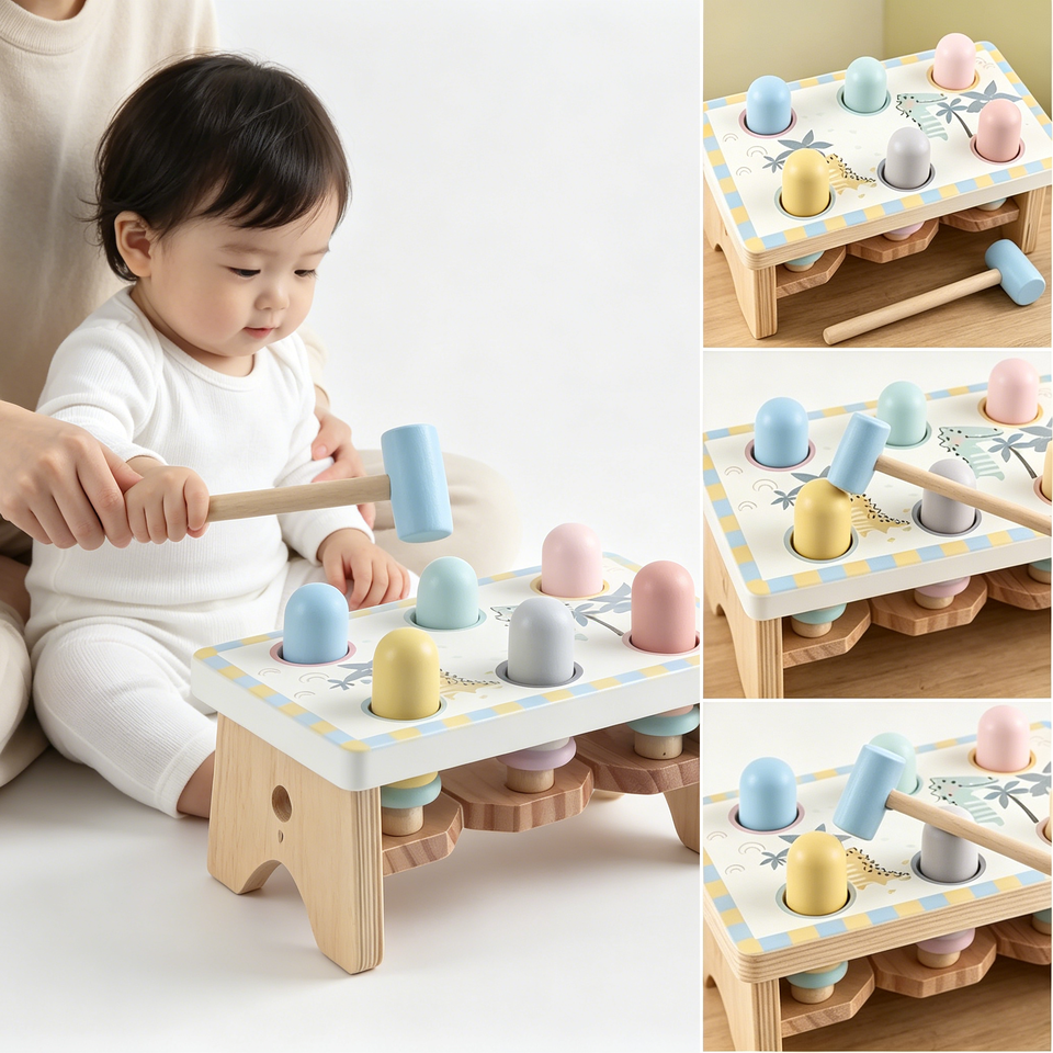 Wholesale Cartoon Animal Wooden Pounding Bench Hammer Toy Preschool Learning Game