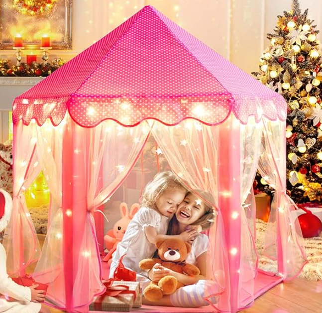 Princess Tent Playhouse Large Outdoor/Indoor Castle Toy with Star Lights Soft Polyester Toy for Kids Pink Large Large