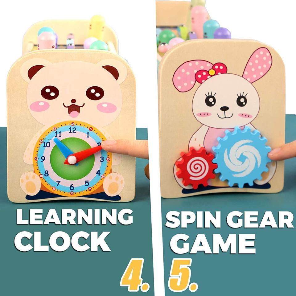 Wooden Pounding and Hammer Toy Early Educational Motor Skill Toy with Fishing Game Xylophone Moving Gears Clock Best Gift