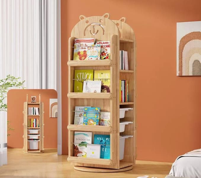 Modern Movable Solid Wood Bookshelf Floor-standing Picture Book Rack for Kids for Bedroom Living Room School