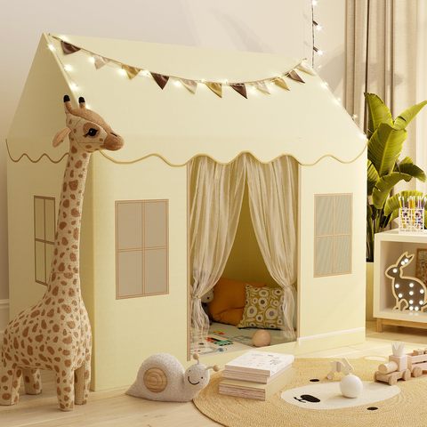 Beige Indoor Outdoor Kids Play Tent Foldable Boys Girls Toy House for Bedroom and Backyard