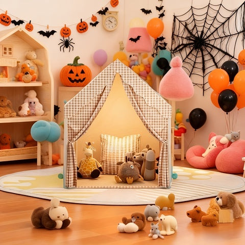 Brown Plaid Cartoon Kids Play Tent Halloween Gift Indoor Foldable Children Toy House