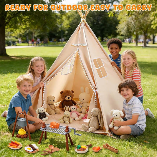 Cotton Canvas Soft Toy Kids Indian Teepee Playhouse Tent for Boys and Girls Indoor Outdoor Use