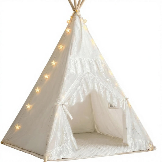 Cotton Kids Teepee Tent Starry Lights Ground Mat Pockets-Foldable Indoor/Outdoor Washable Play Tent for Toddlers Birthdays