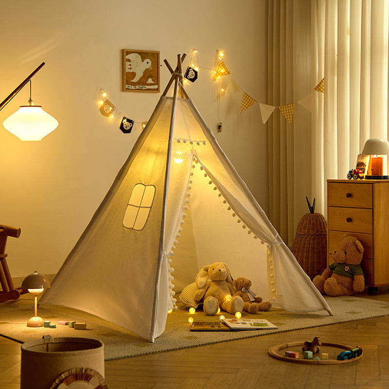 Customized Size Indian White Teepee Tent Cotton Fabric Folded 4-Pole Children's Pop-Up Soft Toy Tent Indoor Outdoor Game Unisex