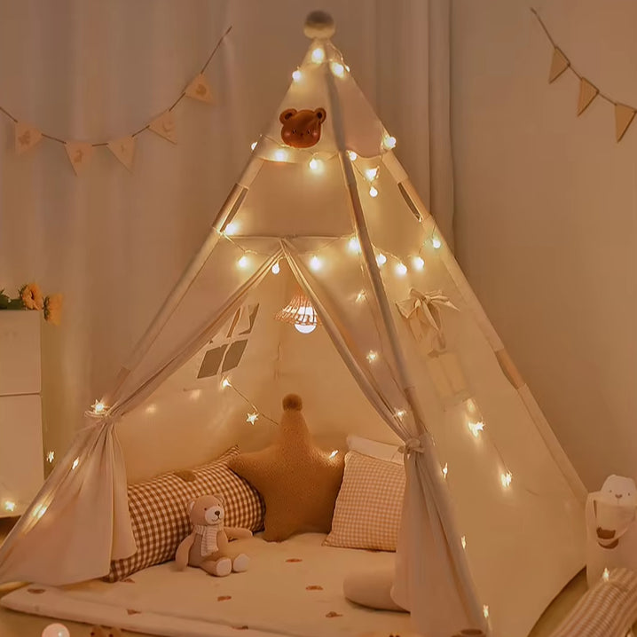 Cute Bear Kids Play House Soft Cotton Canvas Indian Play Toy Wooden Tents with Light and Mat for Kids
