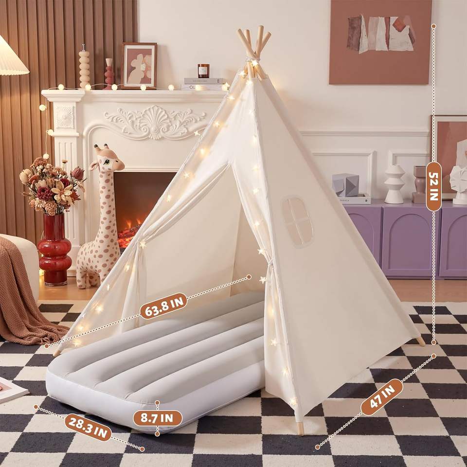 Kids Teepee Tent Cotton Canvas Toddler Tent Foldable Indoor Play Tent for Babies Kids Party Sleepover Slumber Gifts Toy