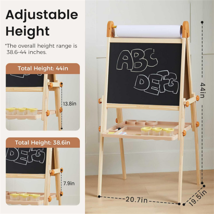 Double-Sided Magnetic Easel Adjustable Wooden Kids Art Easel with Paper Roll