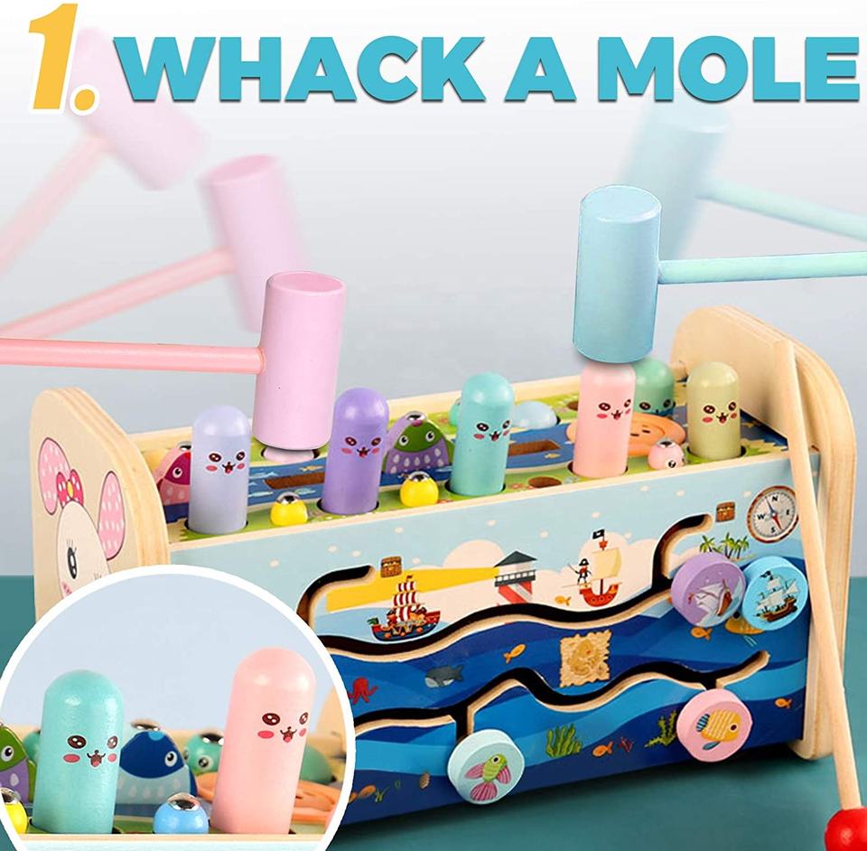 Wooden Pounding and Hammer Toy Early Educational Motor Skill Toy with Fishing Game Xylophone Moving Gears Clock Best Gift