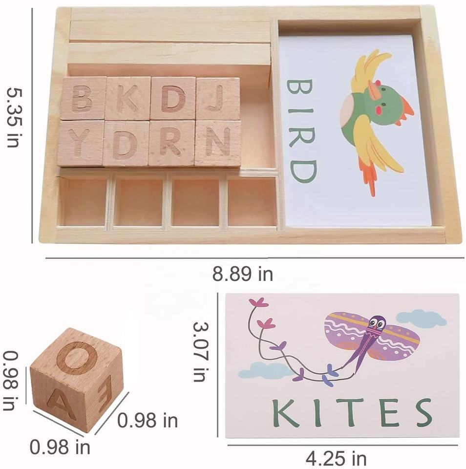 Wooden Spelling Games Matching Letter Game Trays Montessori Educational Learning Toys with 30 PCs Flashcards for Kids 3 4 5