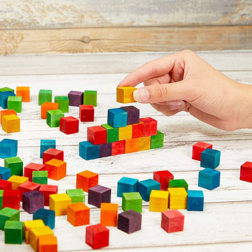 Bright Creations Blocks for Crafts, Colorful Wooden Cubes (6 Colors, 0.6 In, 100 Pieces)