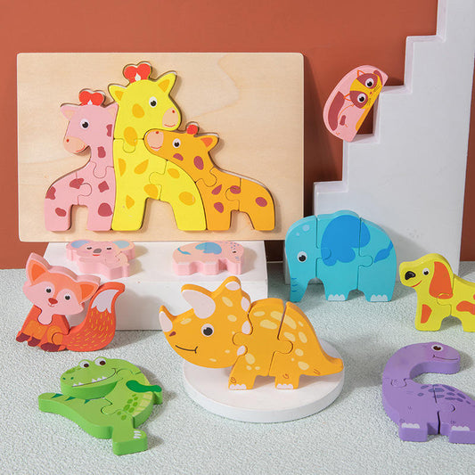 Wholesale Kids Wooden 3D Cartoon Animal Puzzle Set Toddler Educational Toy