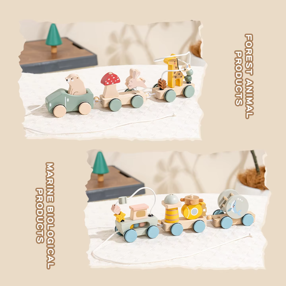 Montessori Pull Along Wooden Train Toy Creative Stacking Blocks Set Ocean Forest Animal Early Learning Toddler Development