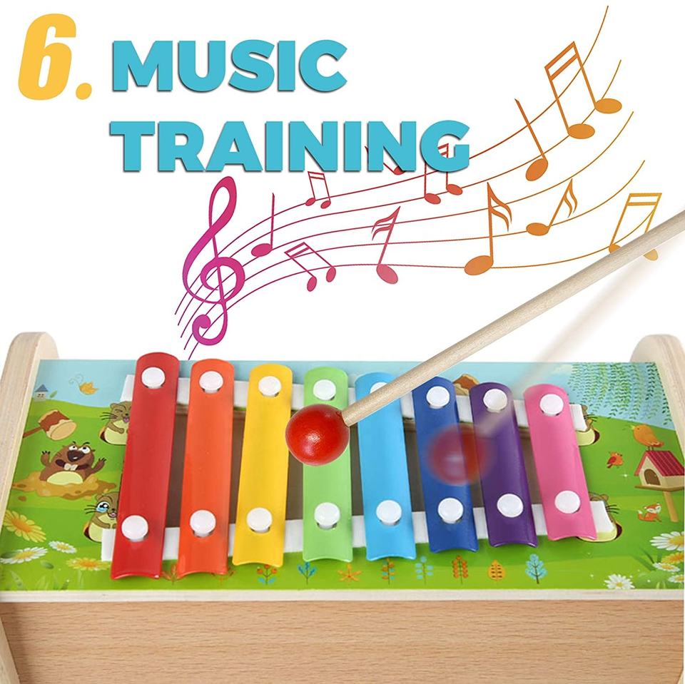 Wooden Pounding and Hammer Toy Early Educational Motor Skill Toy with Fishing Game Xylophone Moving Gears Clock Best Gift