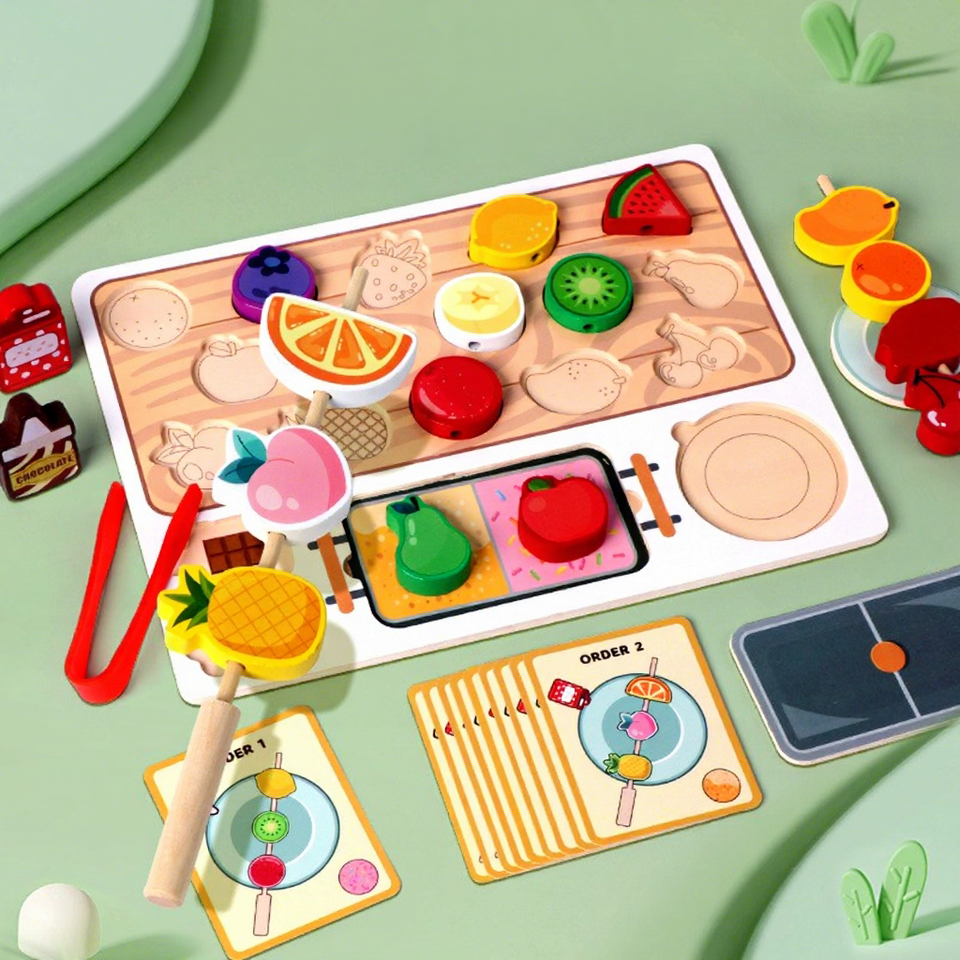 Montessori Children Early Learning DIY Beading Wood Fruit Cognition Game Educational Kitchen Toys Set for Kids Boys Girls Ages