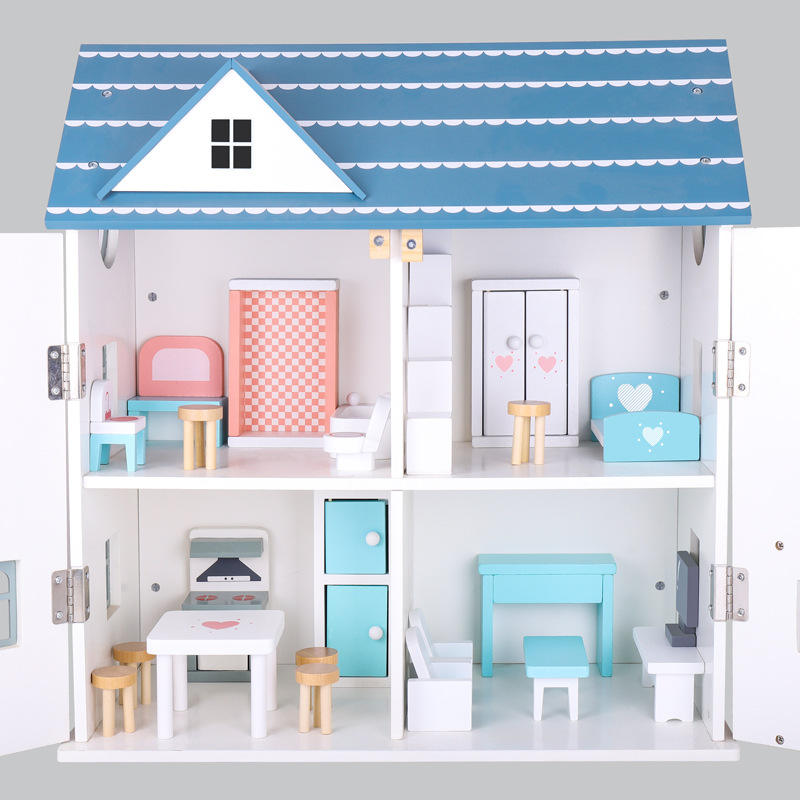 Wholesale Double Decker Wooden Doll House Mini Furniture Pretend Play Toy