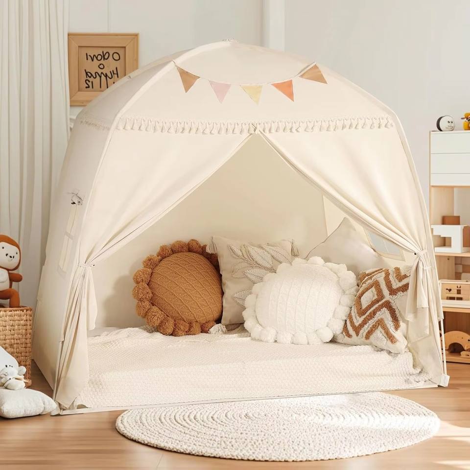 Large Canvas Single Layer Soft Toy Teepee Tent for Kids with Star Lights & Flags