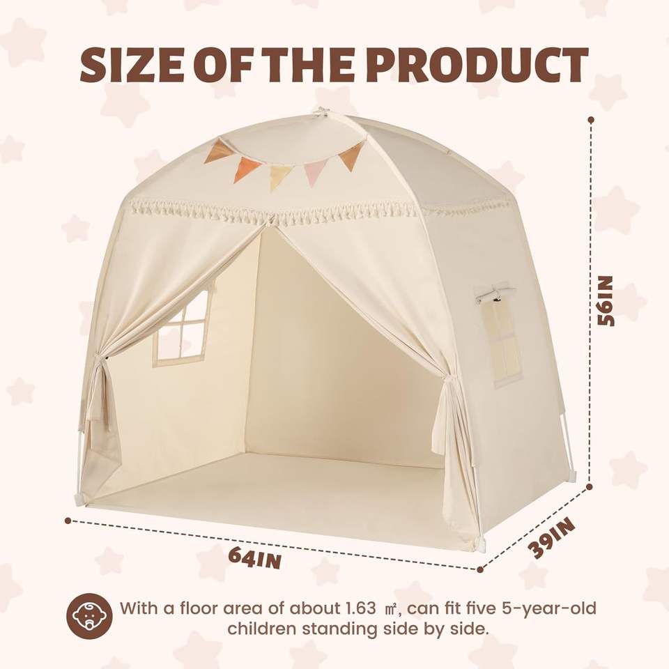 Large Canvas Single Layer Soft Toy Teepee Tent for Kids with Star Lights & Flags