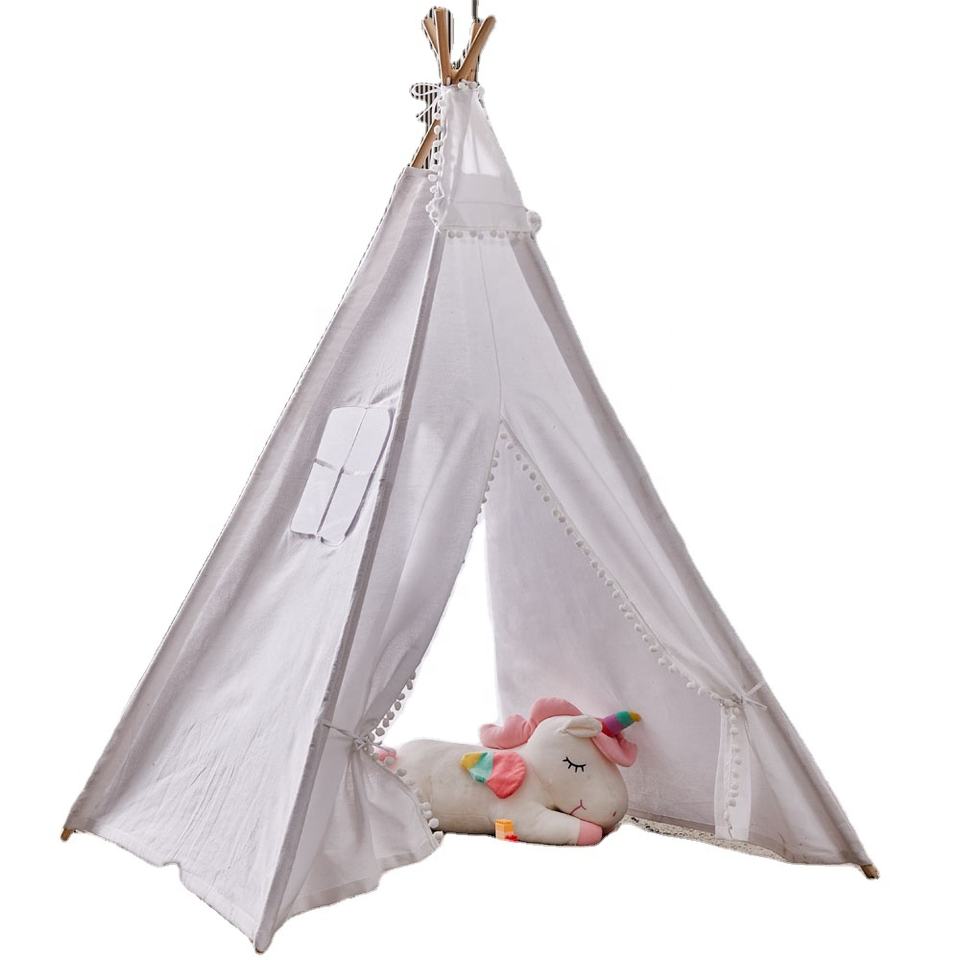 100% Natural Cotton Beach Garden Child Tent White Hair Ball Children's Play Camping Teepee Tent Kids Tent for Children Toy