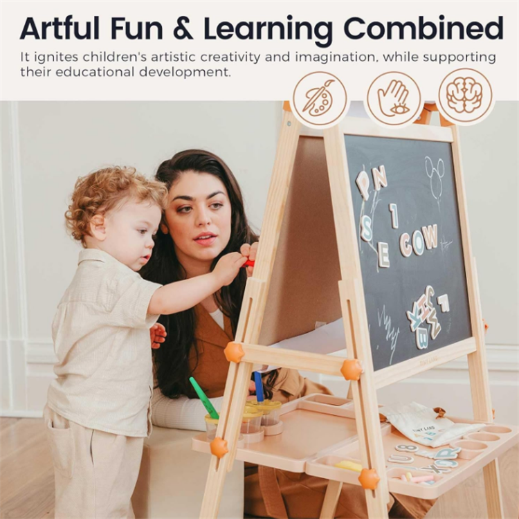 Double-Sided Magnetic Easel Adjustable Wooden Kids Art Easel with Paper Roll