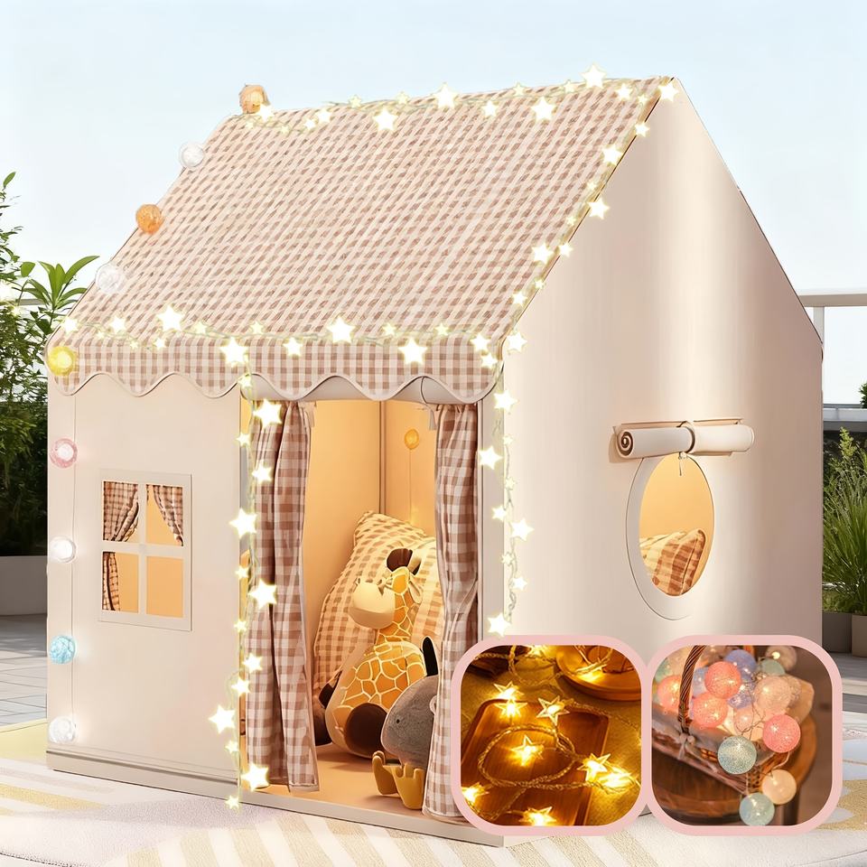 Khaki Japanese Plaid Large Kids Play Tent Polyester Foldable Indoor Toy House for Reading Corner