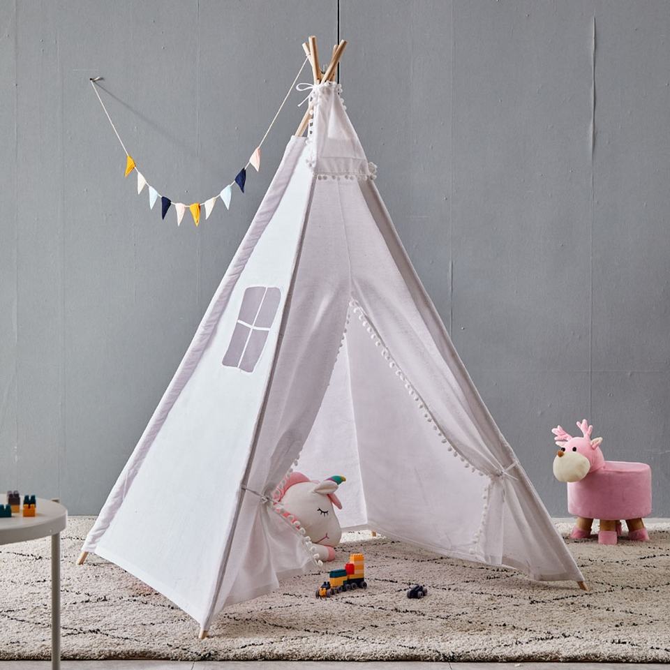 100% Natural Cotton Beach Garden Child Tent White Hair Ball Children's Play Camping Teepee Tent Kids Tent for Children Toy