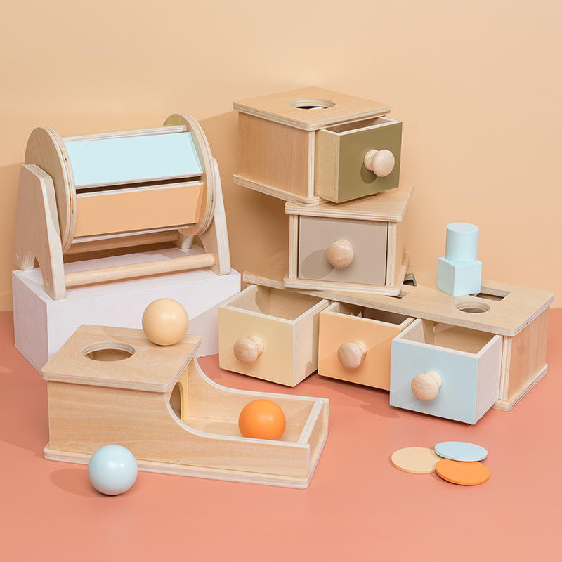 Montessori Early-Learning Wooden Drawer Box Textile Drum Pressure-Ball Educational Toys for Infants Toddlers White Box Packaging