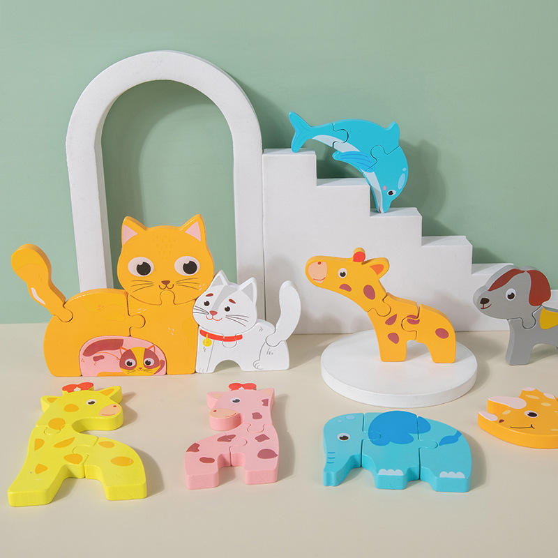 Wholesale Kids Wooden 3D Cartoon Animal Puzzle Set Toddler Educational Toy