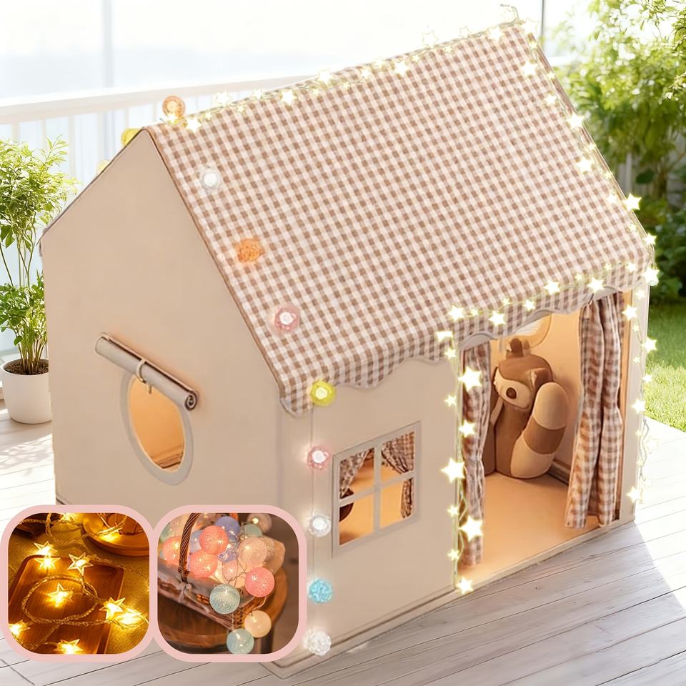 Khaki Japanese Plaid Large Kids Play Tent Polyester Foldable Indoor Toy House for Reading Corner