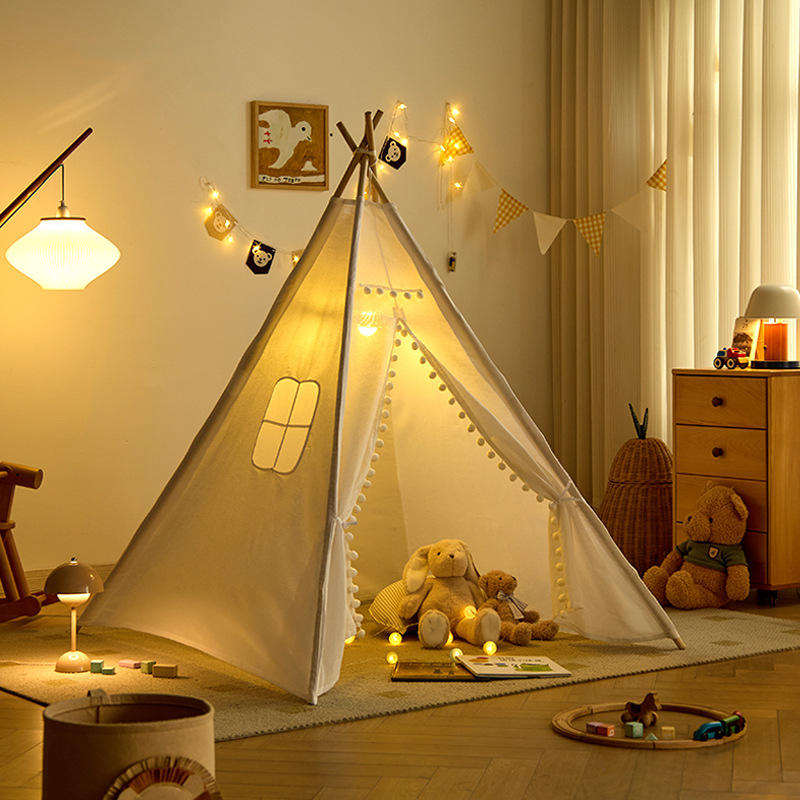 Customized Size Indian White Teepee Tent Cotton Fabric Folded 4-Pole Children Pop-Up Soft Toy Tent
