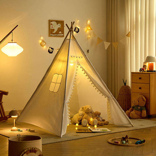 Customized Size Indian White Teepee Tent Cotton Fabric Folded 4-Pole Children Pop-Up Soft Toy Tent