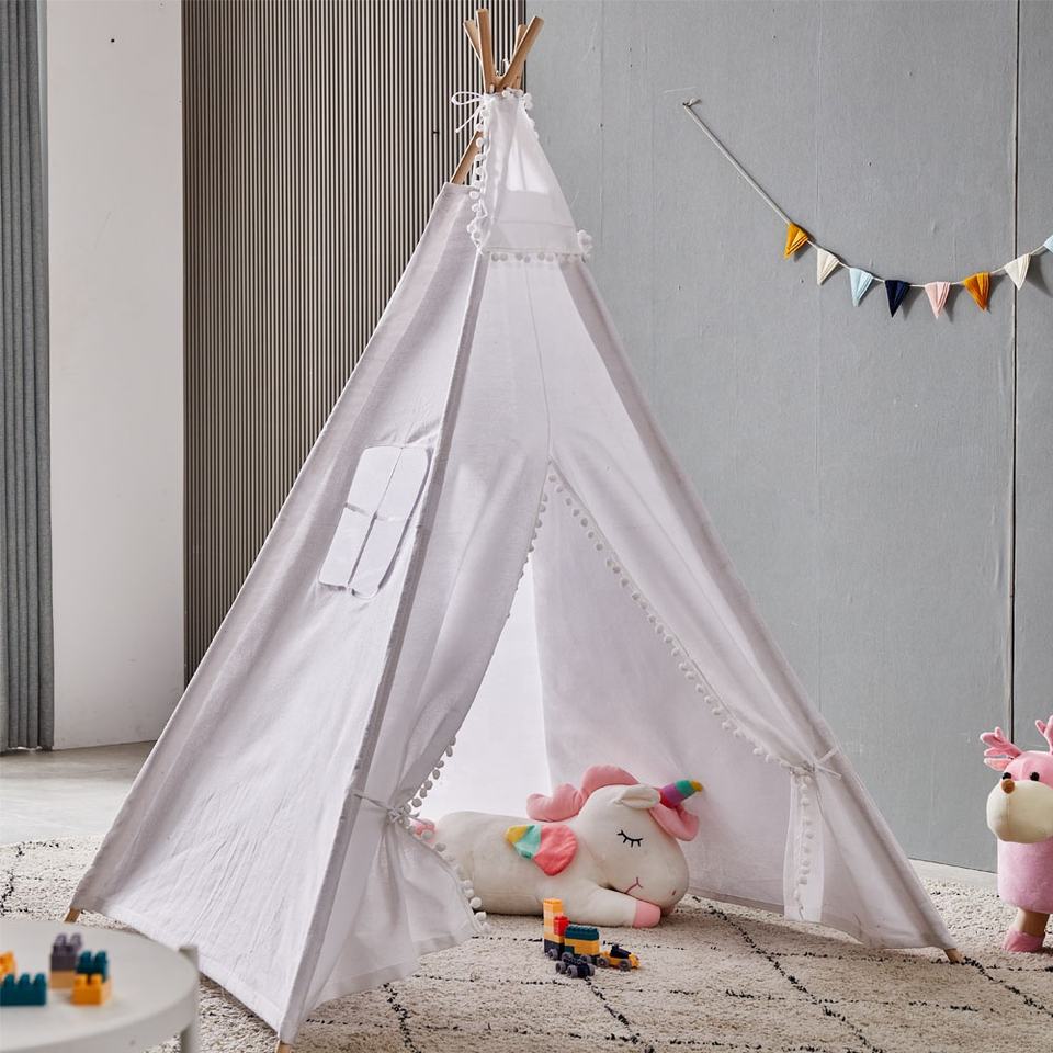 100% Natural Cotton Beach Garden Child Tent White Hair Ball Children's Play Camping Teepee Tent Kids Tent for Children Toy