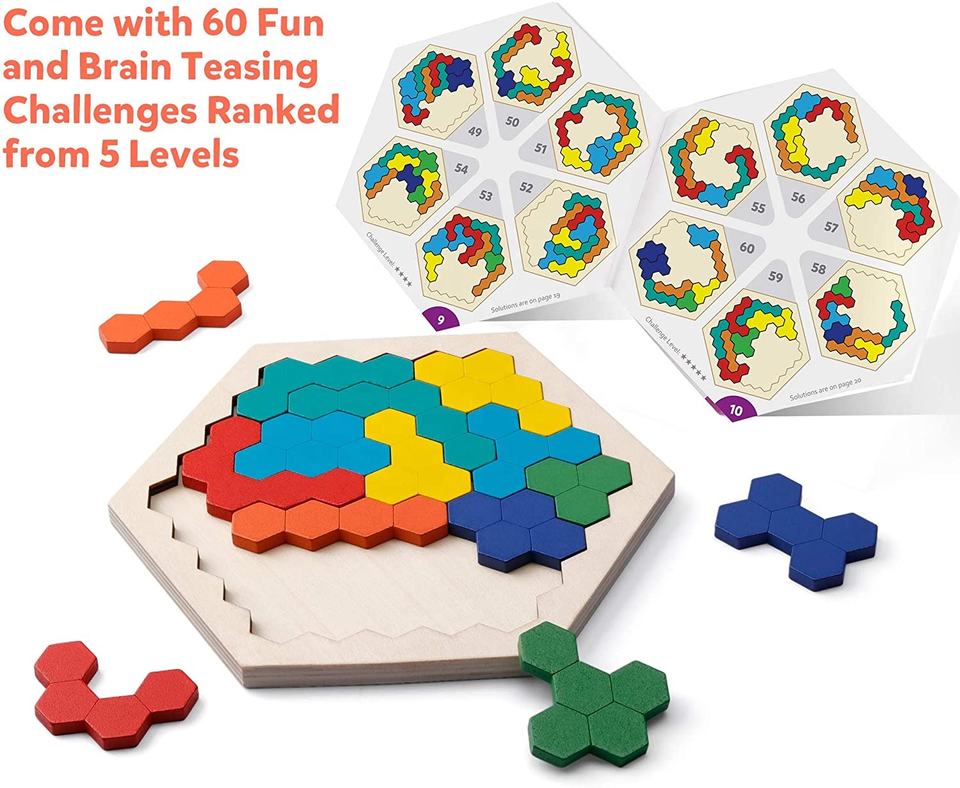 Wooden Hexagon Puzzle for Kid Adults - Shape Pattern Block Tangram Brain Teaser Toy Geometry Logic IQ Game