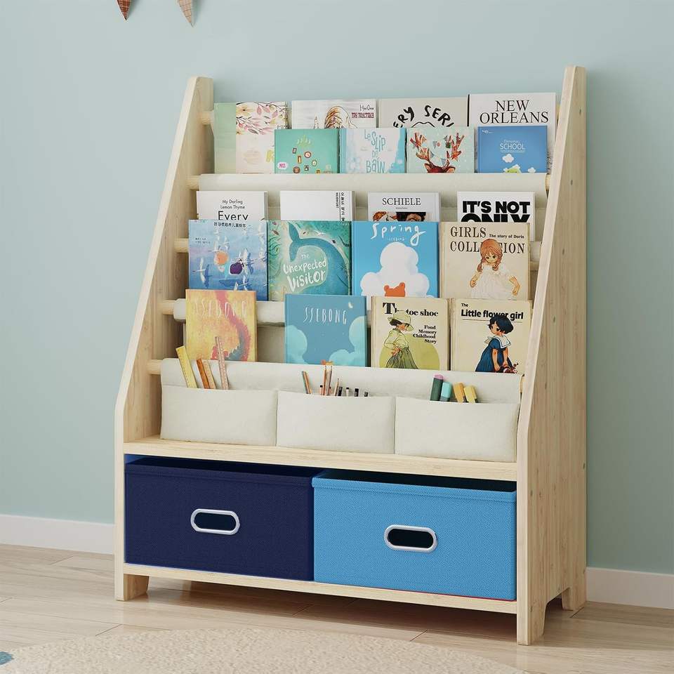 Wholesale 4-Tier Wooden Kids Bookshelf with Storage Bins for Playroom