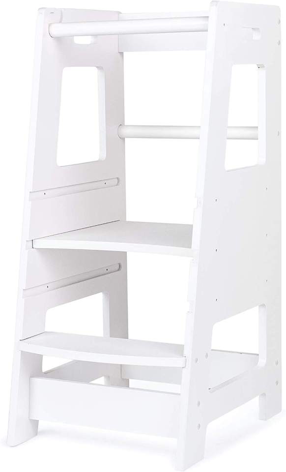 Bright White Wooden Step Stool - Toddler Tower Kitchen Step Stool for Kitchen Counter Learning