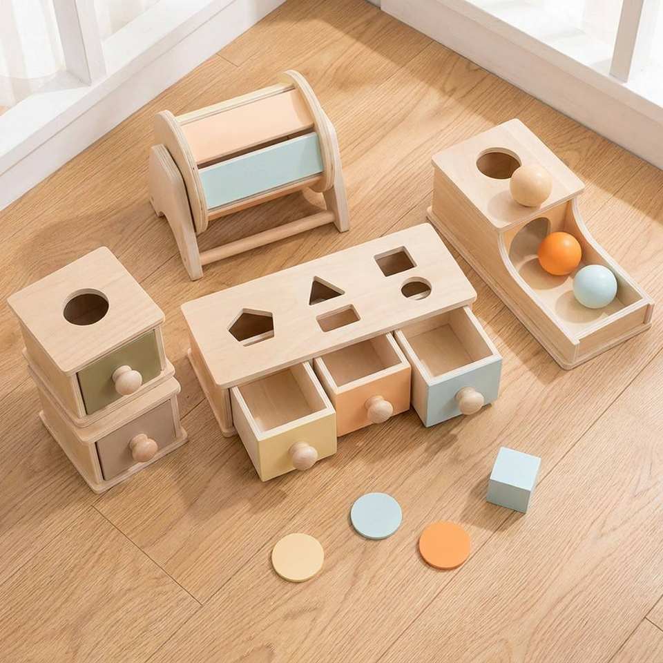 Montessori Early-Learning Wooden Drawer Box Textile Drum Pressure-Ball Educational Toys for Infants Toddlers White Box Packaging