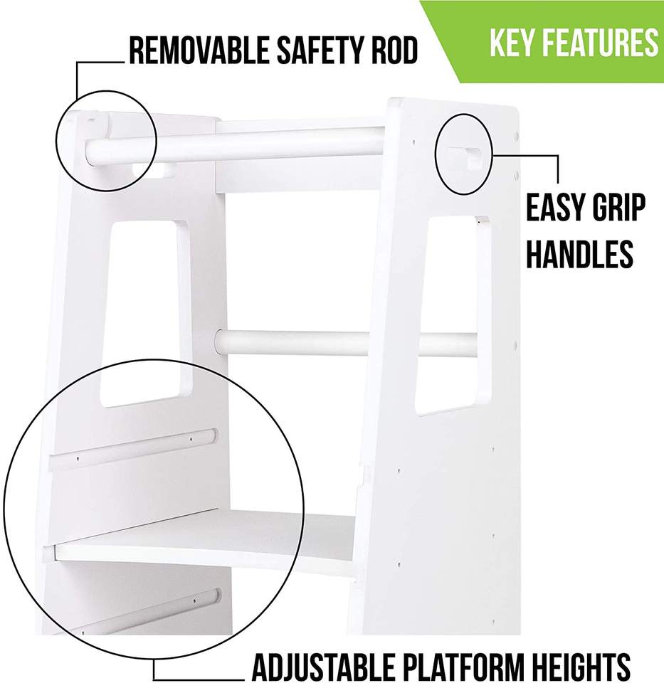 Bright White Wooden Step Stool - Toddler Tower Kitchen Step Stool for Kitchen Counter Learning