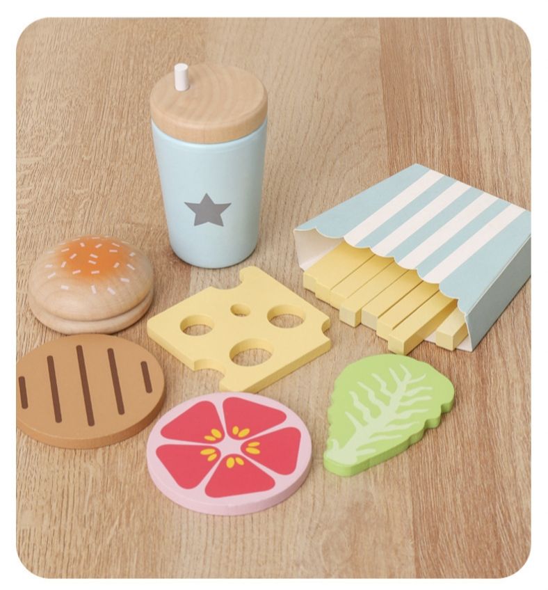 Wooden Cooking Kitchen Toy Set for Kids-Pretend Play Food Hamburger Toys Preschool Toy Kids Gifts