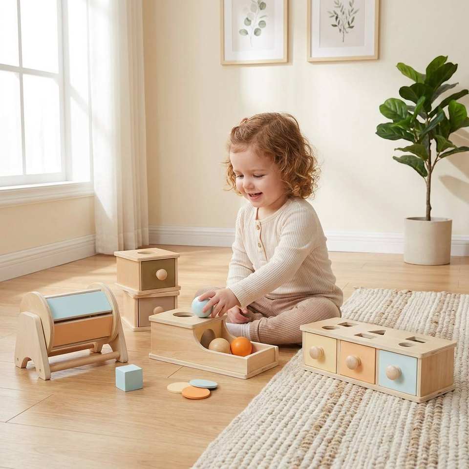 Montessori Early-Learning Wooden Drawer Box Textile Drum Pressure-Ball Educational Toys for Infants Toddlers White Box Packaging