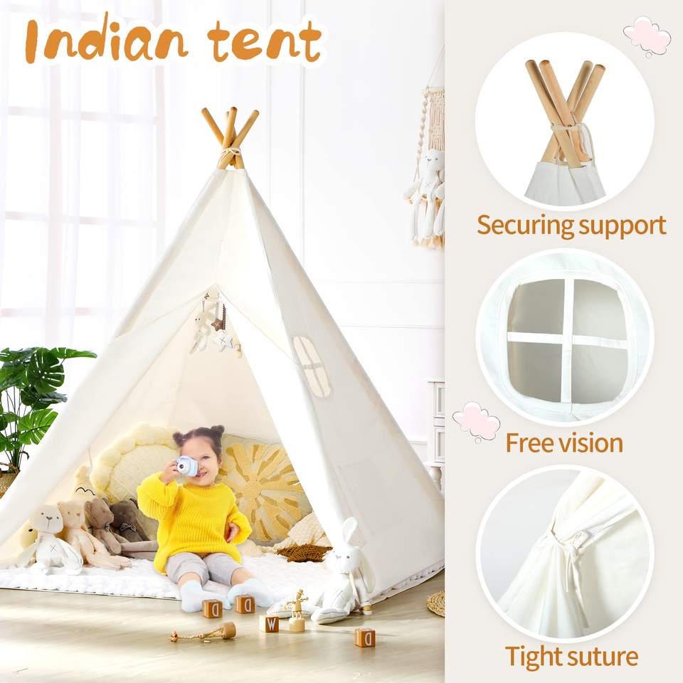 Wholesale White Beige Kids Sleepover Tent Wooden Indoor Playhouse