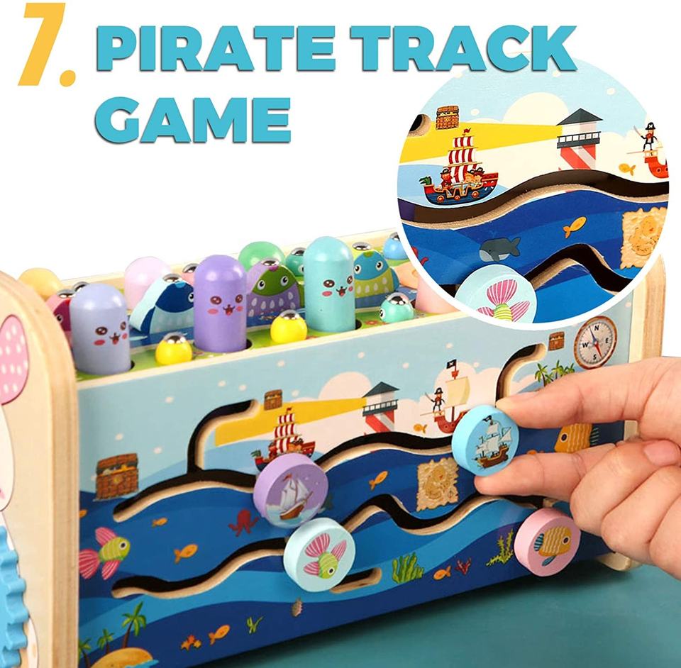 Wooden Pounding and Hammer Toy Early Educational Motor Skill Toy with Fishing Game Xylophone Moving Gears Clock Best Gift