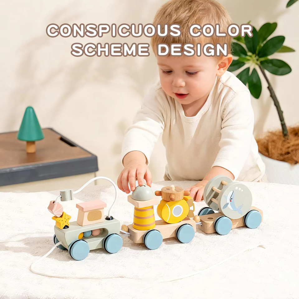 Montessori Pull Along Wooden Train Toy Creative Stacking Blocks Set Ocean Forest Animal Early Learning Toddler Development