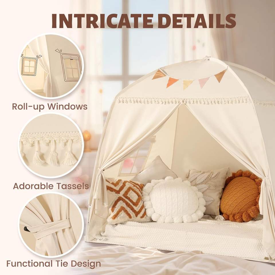 Large Canvas Single Layer Soft Toy Teepee Tent for Kids with Star Lights & Flags