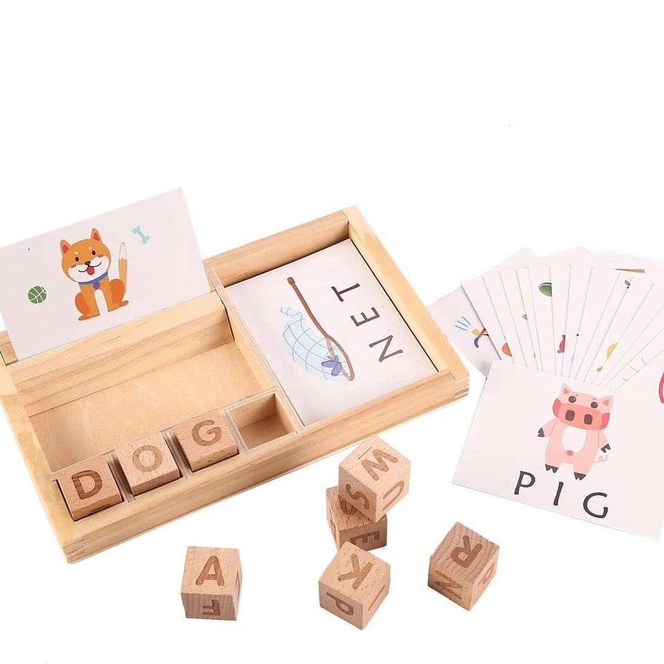 Wooden Spelling Games Matching Letter Game Trays Montessori Educational Learning Toys with 30 PCs Flashcards for Kids 3 4 5