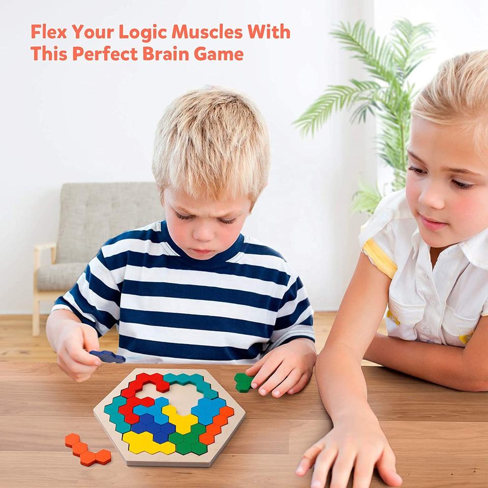 Wooden Hexagon Puzzle for Kid Adults - Shape Pattern Block Tangram Brain Teaser Toy Geometry Logic IQ Game
