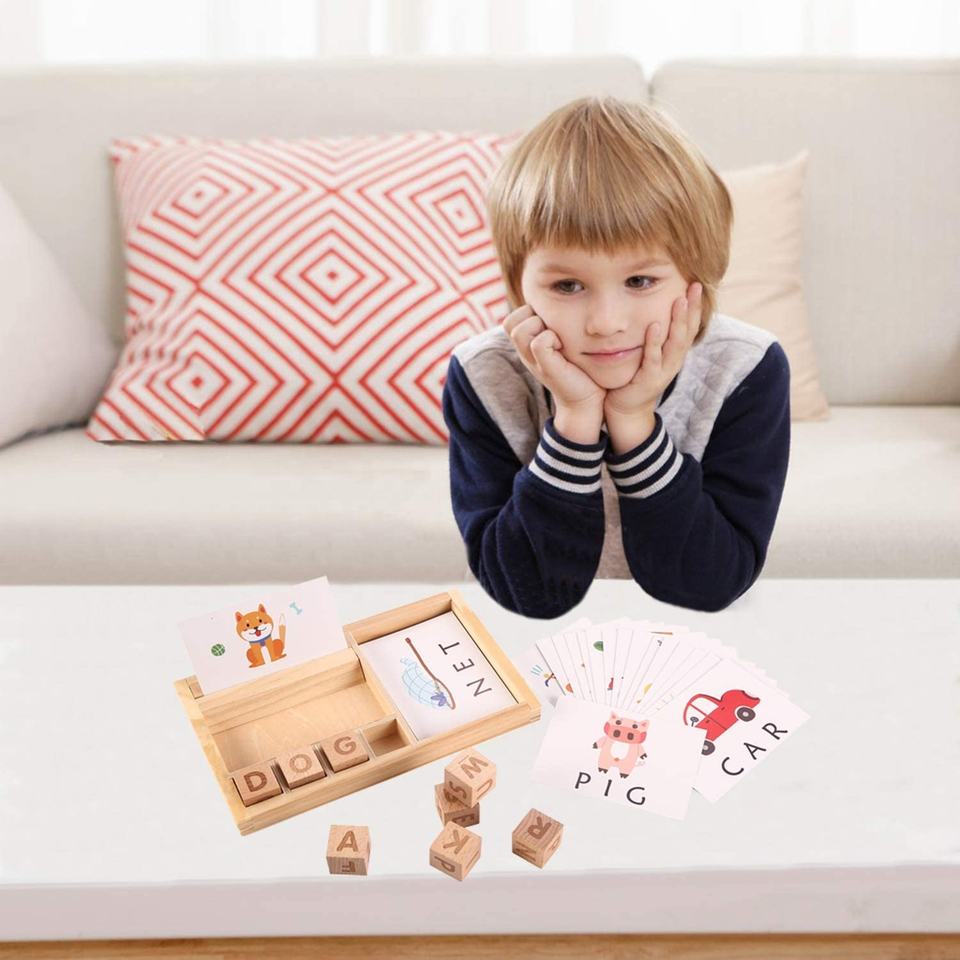 Wooden Spelling Games Matching Letter Game Trays Montessori Educational Learning Toys with 30 PCs Flashcards for Kids 3 4 5
