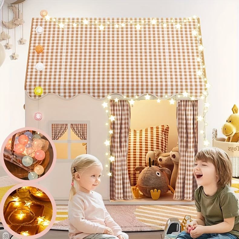 Khaki Japanese Plaid Large Kids Play Tent Polyester Foldable Indoor Toy House for Reading Corner