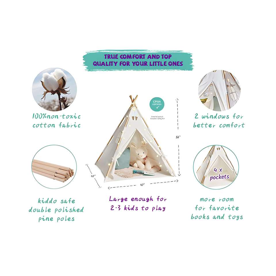 Hot Sale Natural Cotton Children's Play Tent Single Layer Summer Garden Beach Camping Teepee Style Castle House for Kids