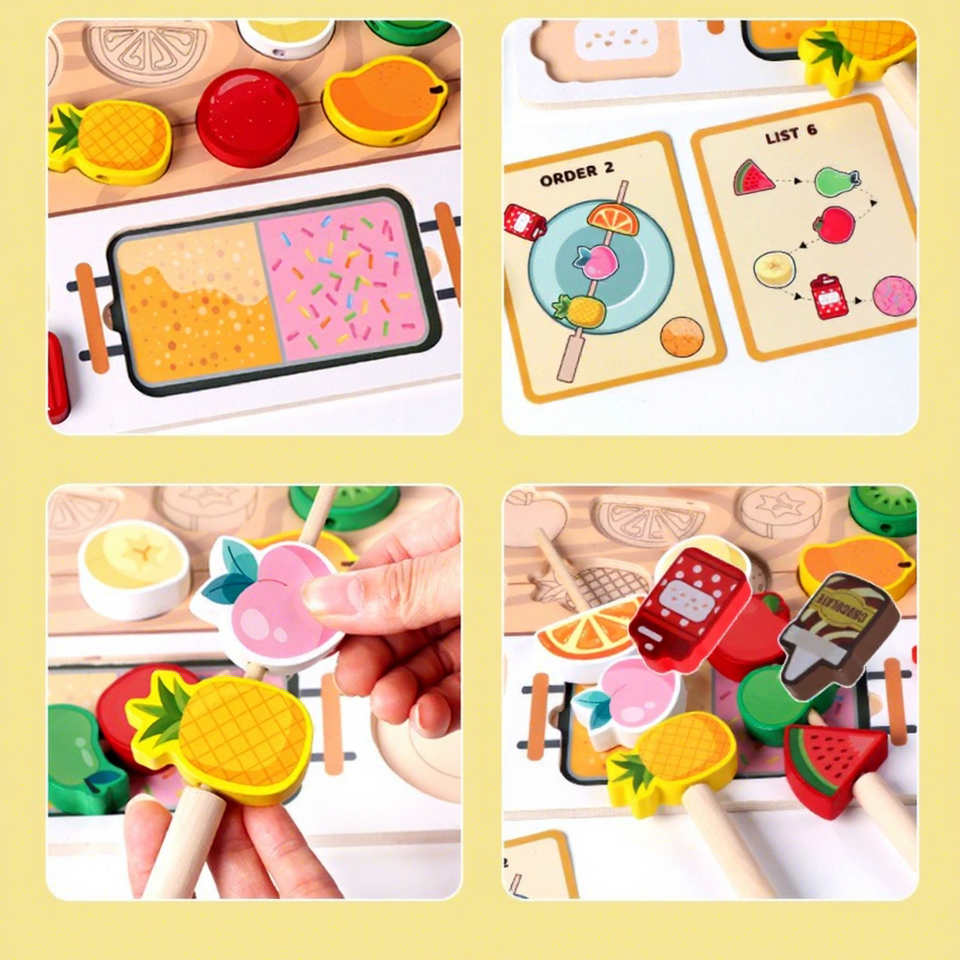 Montessori Children Early Learning DIY Beading Wood Fruit Cognition Game Educational Kitchen Toys Set for Kids Boys Girls Ages